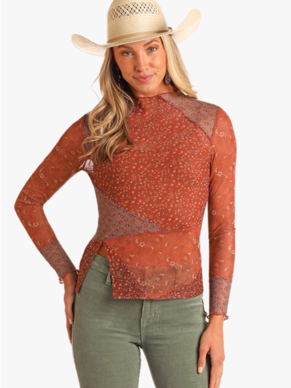 Sheer Rust Patchwork Long-Sleeve Tee